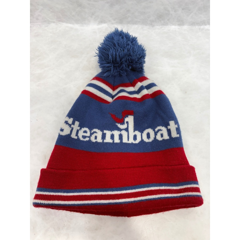Vintage Steamboat Springs Colorado Ski Beanie Pom Pom Hat Red White Blue Knit